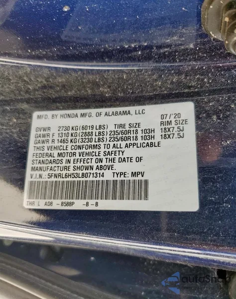 2020 Honda Odyssey Ex из США, поврежденный, VIN 5FNRL6H53LB071314